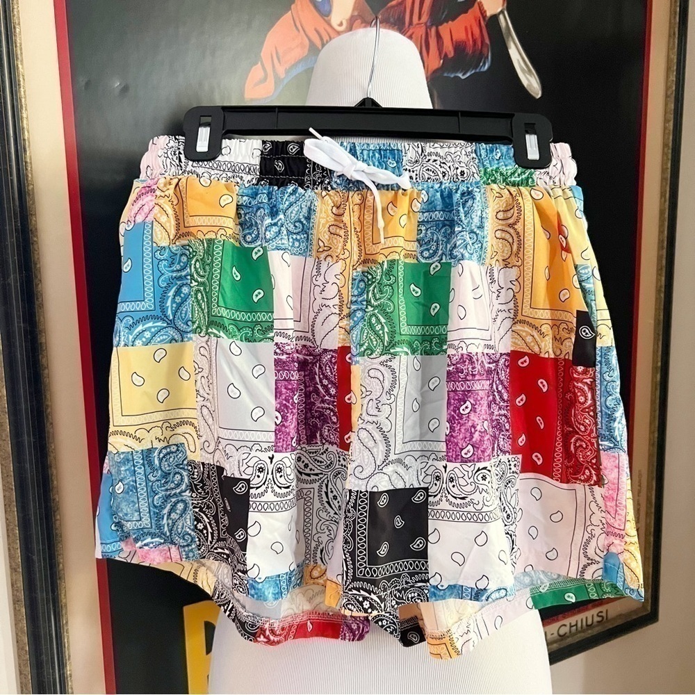 All Over Print Rainbow Red Pink White Paisley Scarf Elastic Waist Casual Shorts